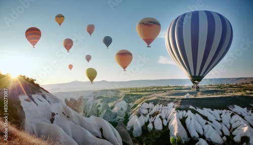 Landscape of fabulous Kapadokya. Colorful flying air balloons in sky at sunrise in Anatolia. Vacations in beautiful destination in Goreme, Turkey