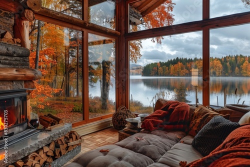 A cozy wooden cottage with a fireplace and large windows offering views of a serene lake and forest in autumn colors.