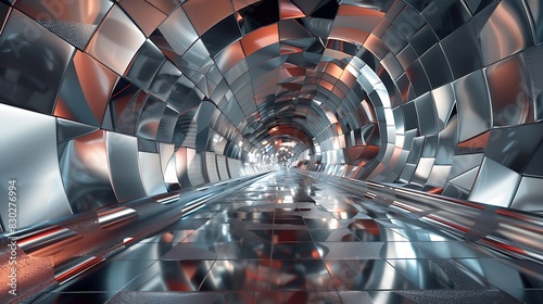 This is a 3D rendering of a futuristic tunnel. The tunnel is made of reflective metal panels that create a sense of endlessness.