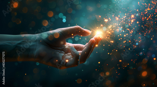 Person's hand with glowing sparkles and bokeh lights in a creative concept