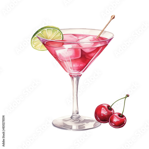 Watercolor Cosmopolitan Cocktail over Ice with a Slice of Lime and Fresh Cherries