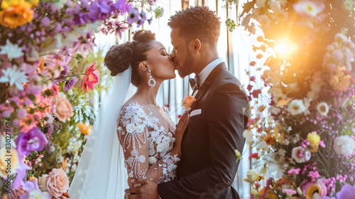 Romantic wedding couple kissing surrounded by flowers