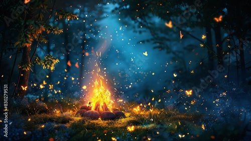 enchanting fireflies dancing around a glowing campfire in the night magical nature fantasy illustration