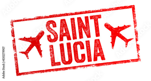 Saint Lucia is an island country of the West Indies in the eastern Caribbean, text emblem stamp with airplane