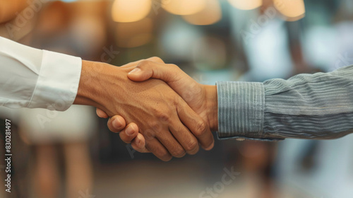 Close-up of a strong handshake suggesting partnership and trust in a business environment