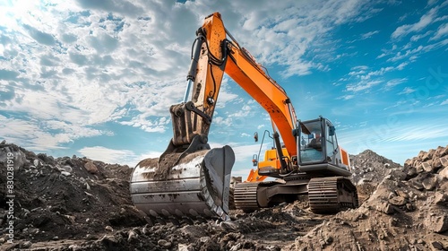 heavy excavator machine digging at construction site industrial progress