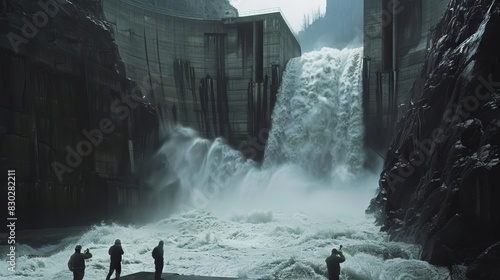 hydroelectric dam with cascading water and workers inspecting infrastructure real photo