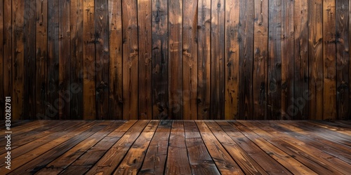 Dark brown classic wooden highlighted wall with free space, mock up room, parquet floor