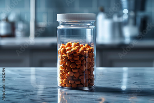 A container of prescription capsules arranged neatly on a sterile countertop, prescribed to manage chronic conditions or diseases. Concept of capsule medication and treatment regimen. Generative Ai.