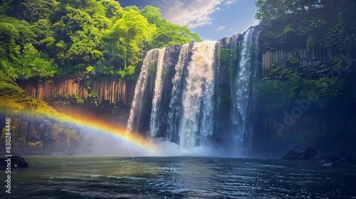 majestic waterfall cascading over rocky ledge with vibrant rainbow arcing across spray landscape photography