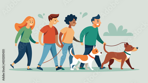 A sense of camaraderie and support as the dog walking group comes together to help a new member with a shy or unruly pup.. Vector illustration