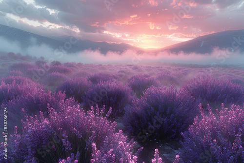 Subtle lavender fields fading into a misty horizon. Concept of tranquility and beauty. Generative Ai.