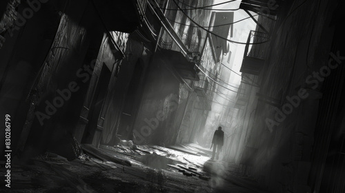 A man is walking alone down a dimly lit alleyway, surrounded by tall buildings on either side