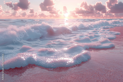 Gentle pastel waves lapping against a soft sandy shore. Concept of peace and coastal beauty. Generative Ai.