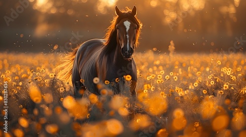 Galloping Horse through Glowing Field of Flowers A Moment of Unparalleled Natural Splendor