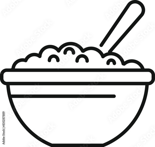 Minimalistic line art illustration of a bowl of rice with a spoon