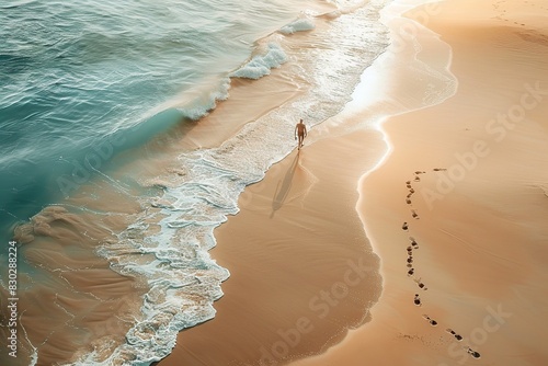 Witness the poignant scene of a solitary figure walking along the beach, their journey marked by the enigmatic presence of two sets of footprints in the sand