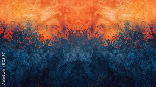 Elegant transition: bright orange to deep navy lace patterns faint sparkling lines backdrop