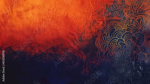 Majestic backdrop: bright orange to deep navy gradient intricate lace-like patterns faint sparkling lines backdrop