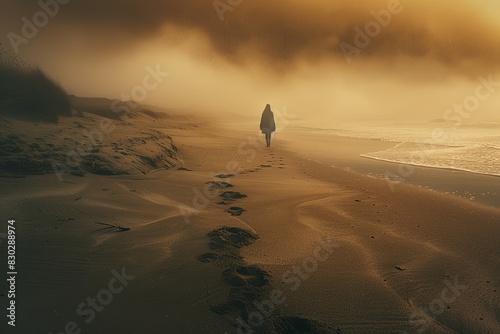 Witness the poignant scene of a solitary figure walking along the beach, their journey marked by the enigmatic presence of two sets of footprints in the sand