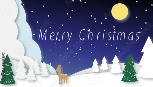 A Christmas holiday concept banner. Magical winter background of blue color snow moon Christmas trees snowdrifts deer.
