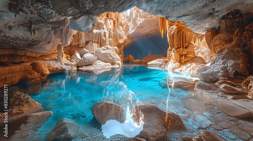 Otherworldly Cave Formation Adventure Vibrant Blue Underground Water Oasis