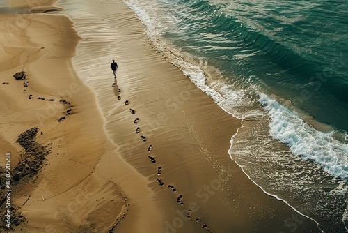 Witness the poignant scene of a solitary figure walking along the beach, their journey marked by the enigmatic presence of two sets of footprints in the sand