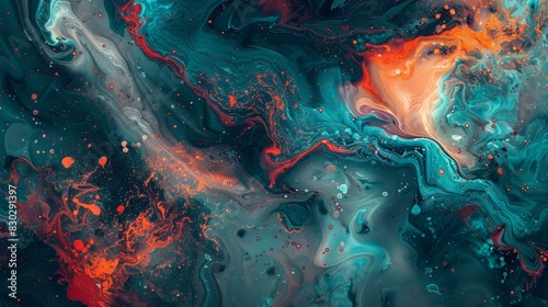 Dynamic mix of cyan and scarlet with marbled textures backdrop