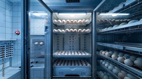 Chicken eggs in incubator, poultry farm