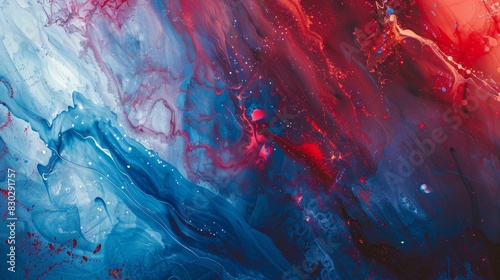 Serene abstract: bright cerulean rich scarlet hues marbled textures luminous points dynamic essence backdrop