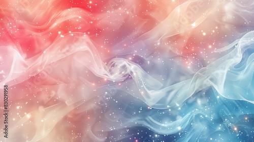 Ethereal abstract background: pale azure deep scarlet hues wave-like patterns glowing stars patriotic feel backdrop
