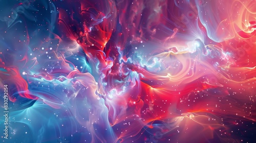 Vibrant wallpaper crimson-blue mix swirling textures luminous particles evokes 4th of July backdrop