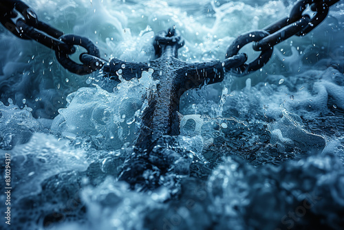 A reliable anchor securing a ship in turbulent waters, providing stability and safety amidst the storm. Concept of maritime security. Generative Ai.