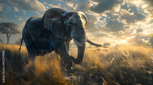 A large elephant is running through a field of tall grass