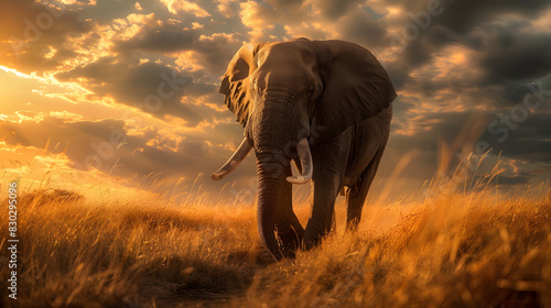 A large elephant stands in a field of tall grass