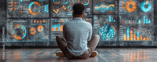 Man sitting and contemplating in front of data wall