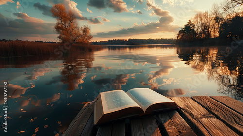 an open book of poetry on a wooden dock overlooking a serene lake, with reflections of the sky and trees on the water's surface