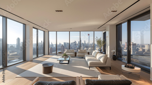 A large, open living room with a view of the city