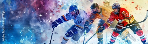 Painting of hockey players in action on a snowy surface