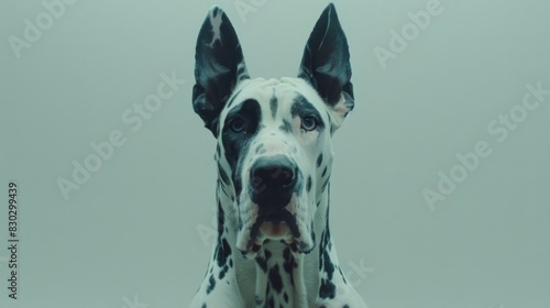 Headshot of a Harlequin Great Dane against a plain background, showcasing its distinct black and white spotted coat.