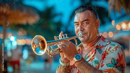 A one-armed male trumpeter playing intensely with a tropical backdrop illuminated by warm, vibrant lights.