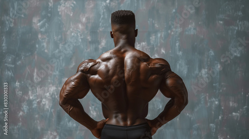 Muscular man flexing back muscles, abstract background, studio setting, showcasing physique, strength.