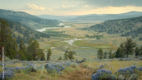 Lupine flowers in the foreground with a scenic view of Hayden Valley, Yellowstone in the background.