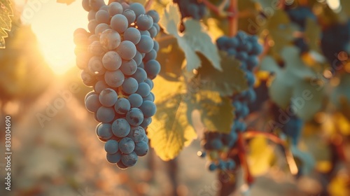 Close-up of ripe grapes in a California vineyard at sunset with warm lighting and soft focus on the background.