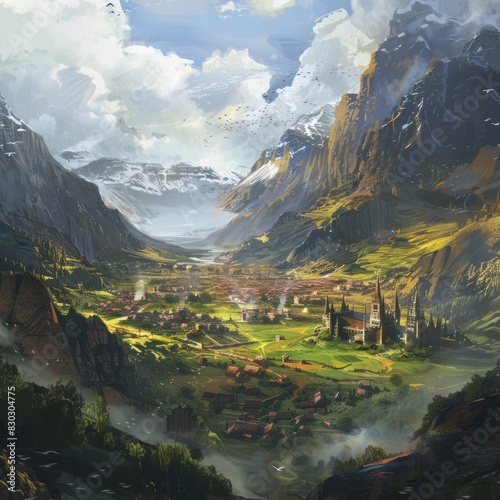 A beautiful landscape with mountains and a small town in the middle