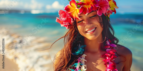 Portrait of young attractive woman with exotic flower garland on her head on Hawaiian beach background. Celebrating National Hawaii Day.