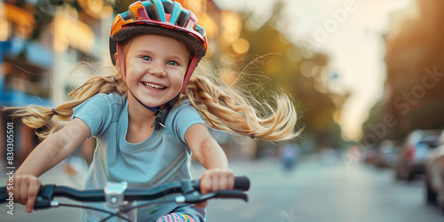 Cute little child riding on city street. Cheerful kid wearing helmet having fun on a bike on sunny evening.