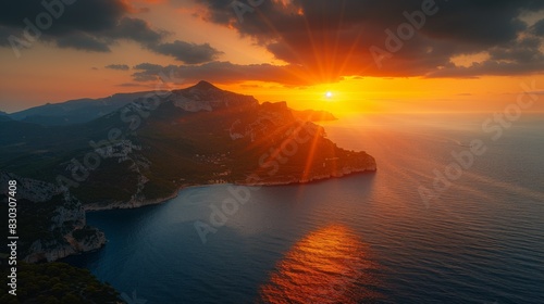 Aerial view of a stunning sunset over Pan di Zucchero island with golden hues reflecting on the sea.