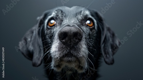 Close-up studio portrait of a black and white Great Dane with a focused gaze, set against a dark background.