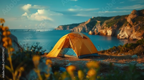 Orange tent on a grassy field with a view of the sea and cliffs under a sunny sky.